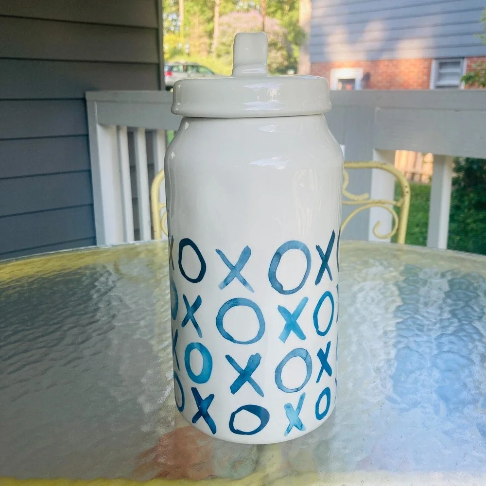 Rae Dunn Artesian Collection Treats XOXO Indigo Blue Boutique Canister Dimpled